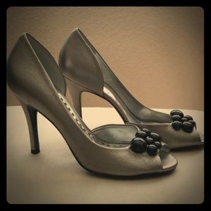 Silver peep toe heels